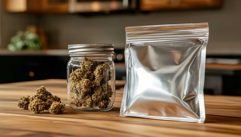 Does Weed Have to Be in a Bag? Visual comparison of different cannabis storage methods including jars, bags, and vacuum containers.